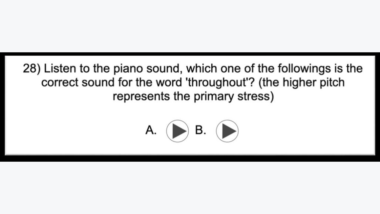 Word stress practice question with two audio choices