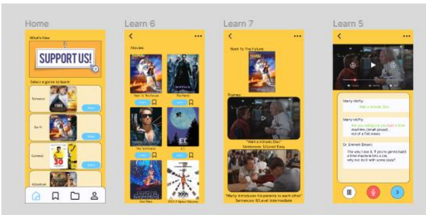 Movie-based English speaking practice prototype screens