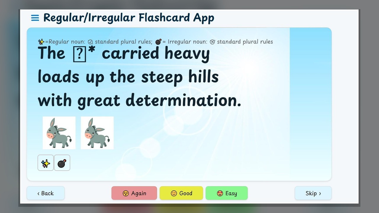 Regular and irregular plural-noun flashcard question