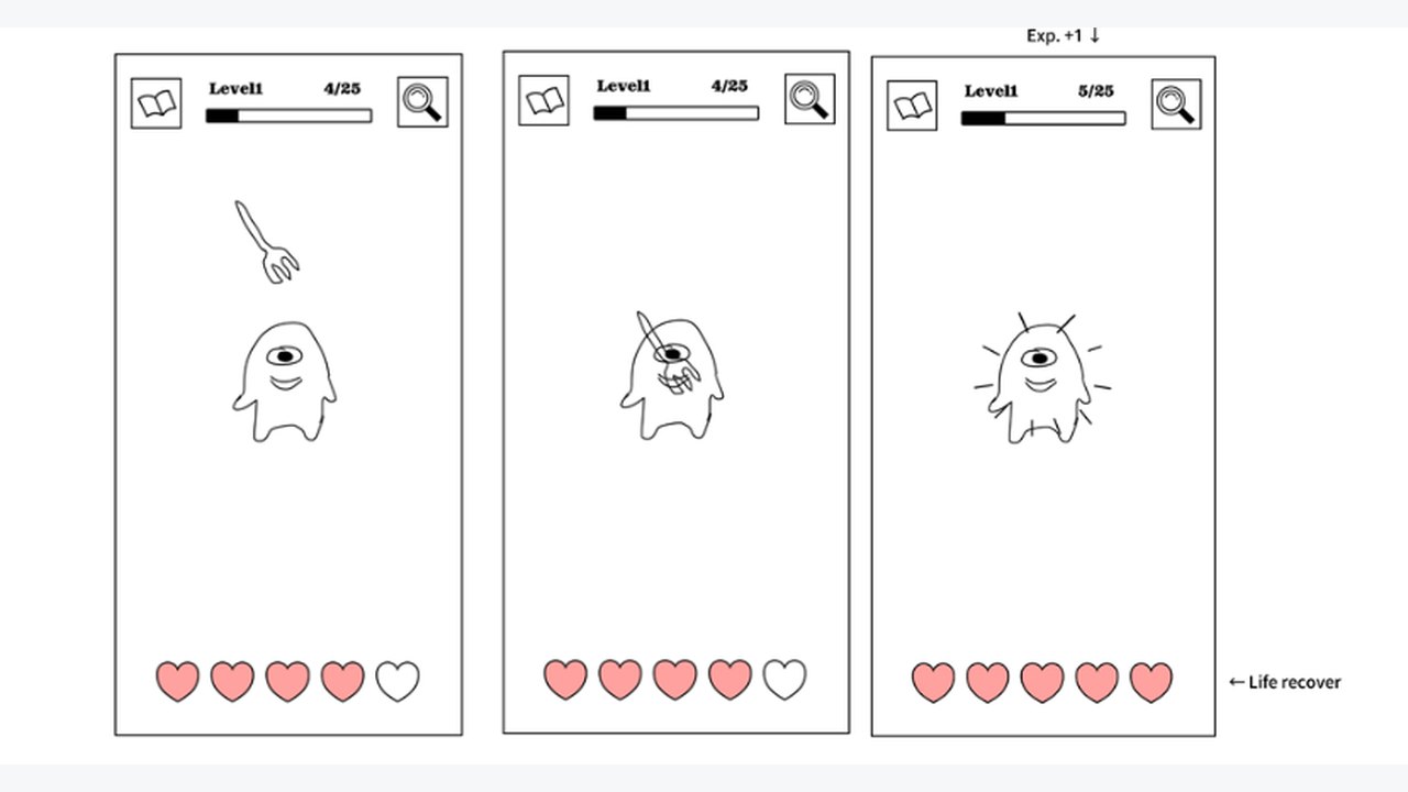 Three prototype screens showing the Vocabster learning experience