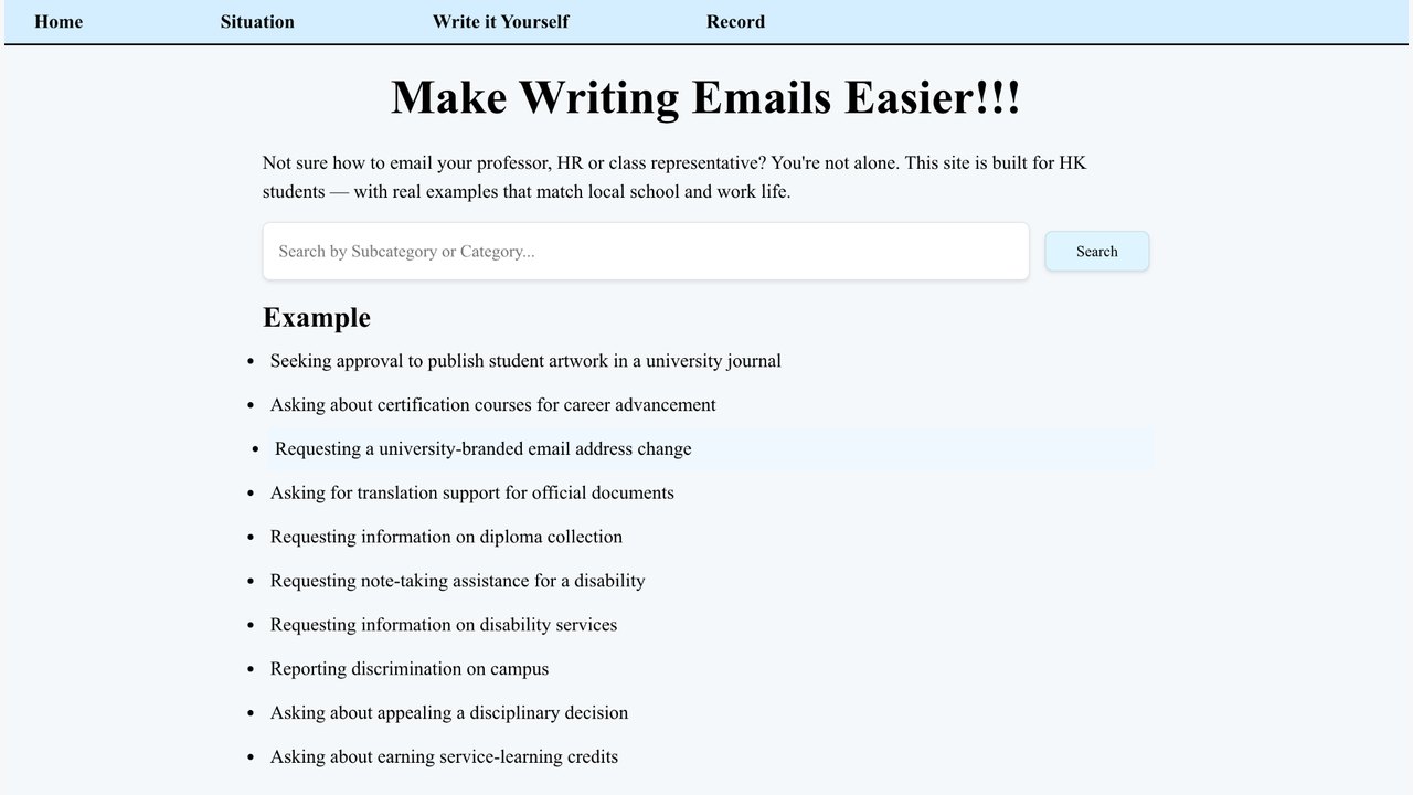 Email Reply Support Tool homepage with searchable writing scenarios