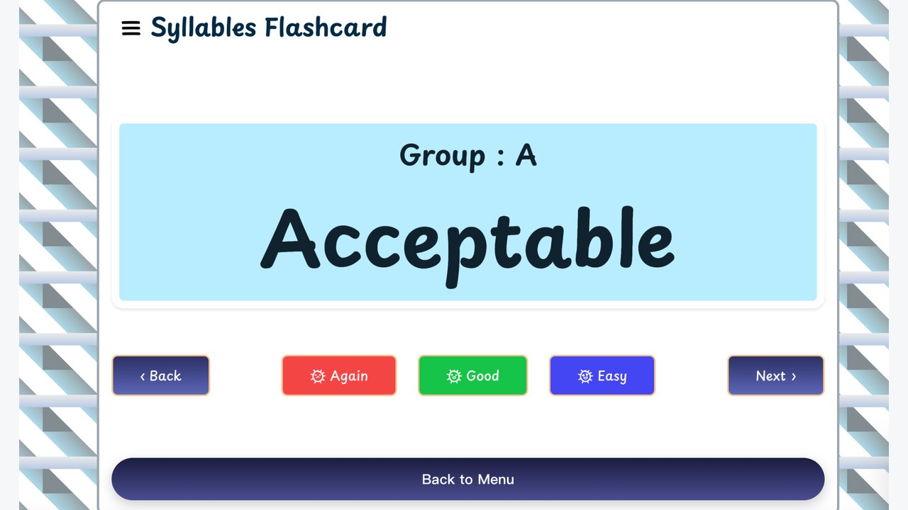 Syllables Flashcard screen for the word Acceptable