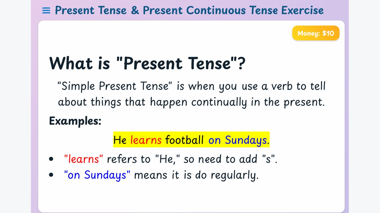 Present tense lesson screen from the learning app