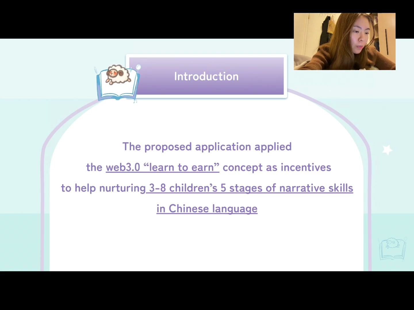 Presentation slide introducing the proposed learn-to-earn Chinese narrative skills app